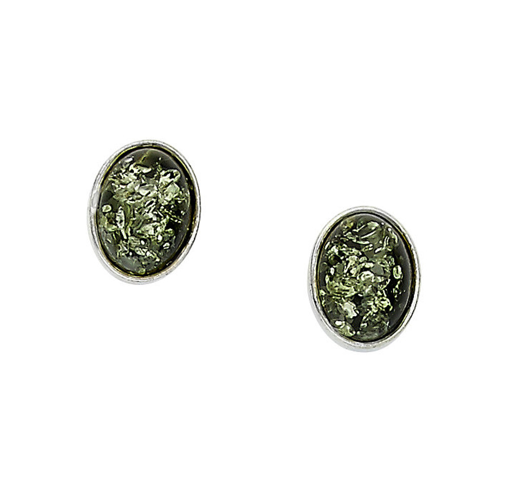 Bezel Set Oval Earrings in Green Amber