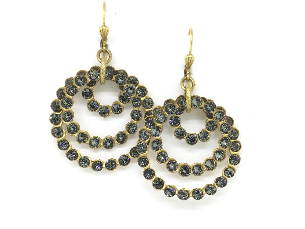 Gold Triple-Circle Black Diamond Swarovski Crystal  Earrings