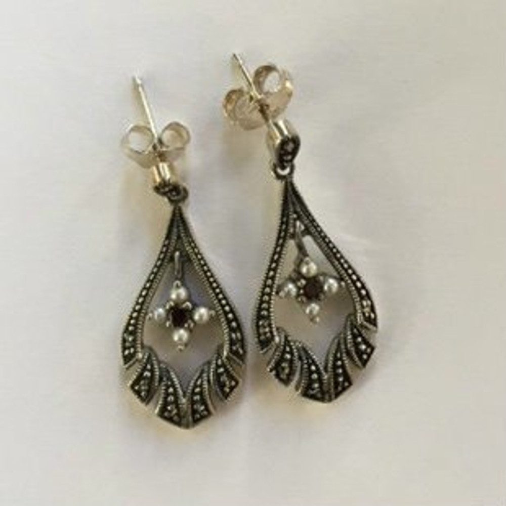 Marcasite Garnet & Cultured Pearl Post Earrings