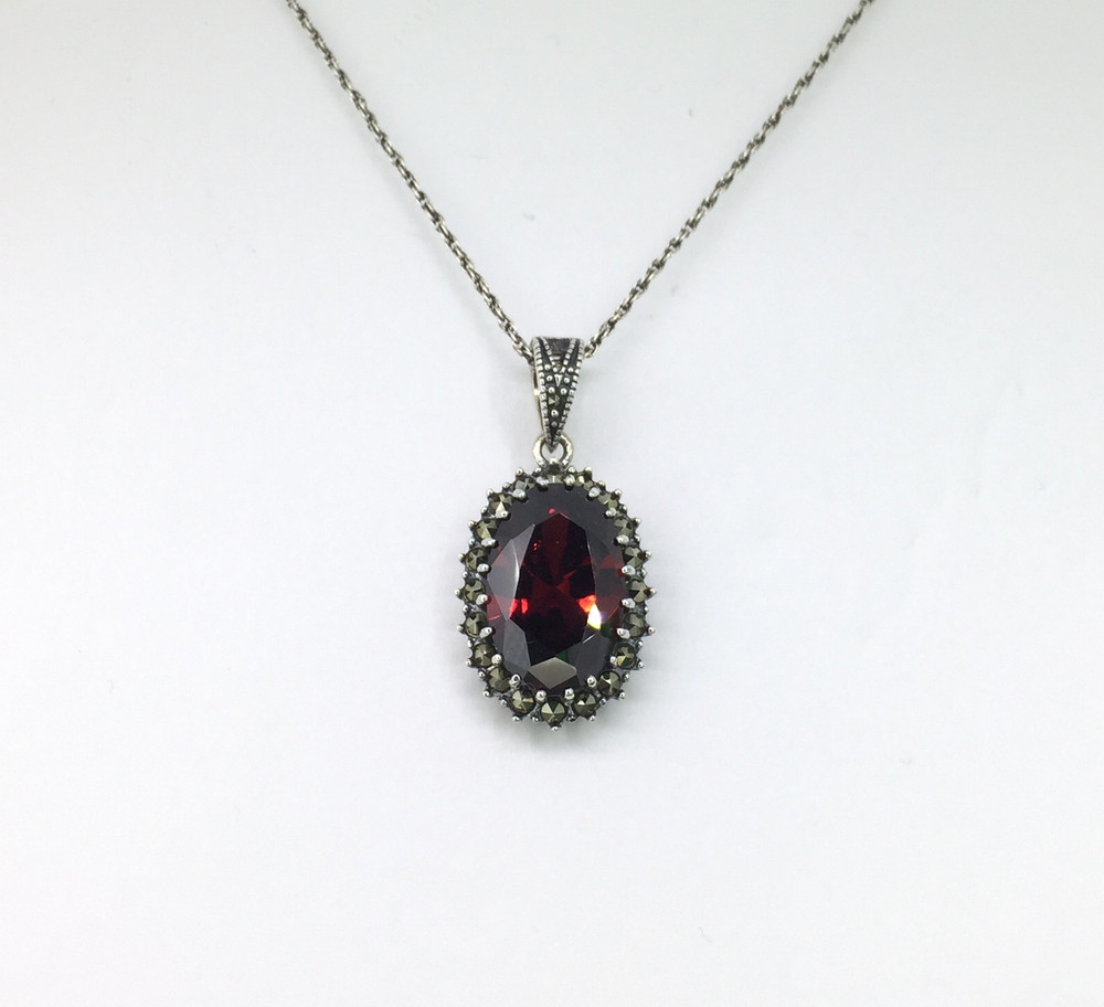 Garnet/Marcasite Oval Necklace