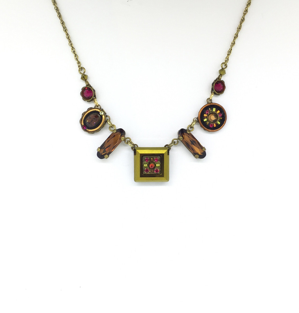 "La Dolce Vita" Mosaic Necklace, Smoky Topaz Swarovski Crystals, Antique Gold
