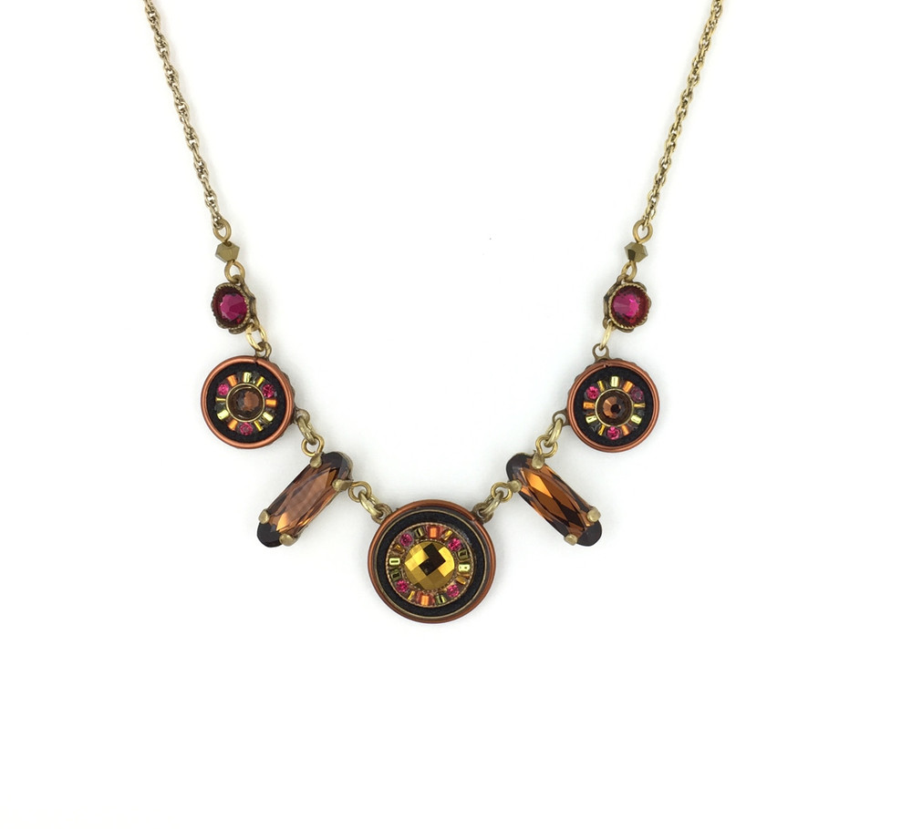 "La Dolce Vita" Round & Oblong  Necklace, Smoky Topaz Swarovski Crystals, Antique Gold