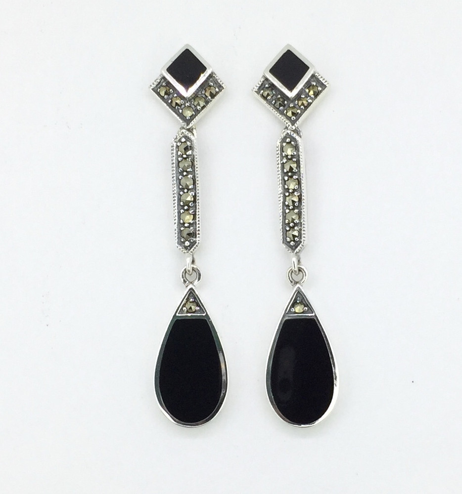 Marcasite w/Onyx Long Drop Post Earrings