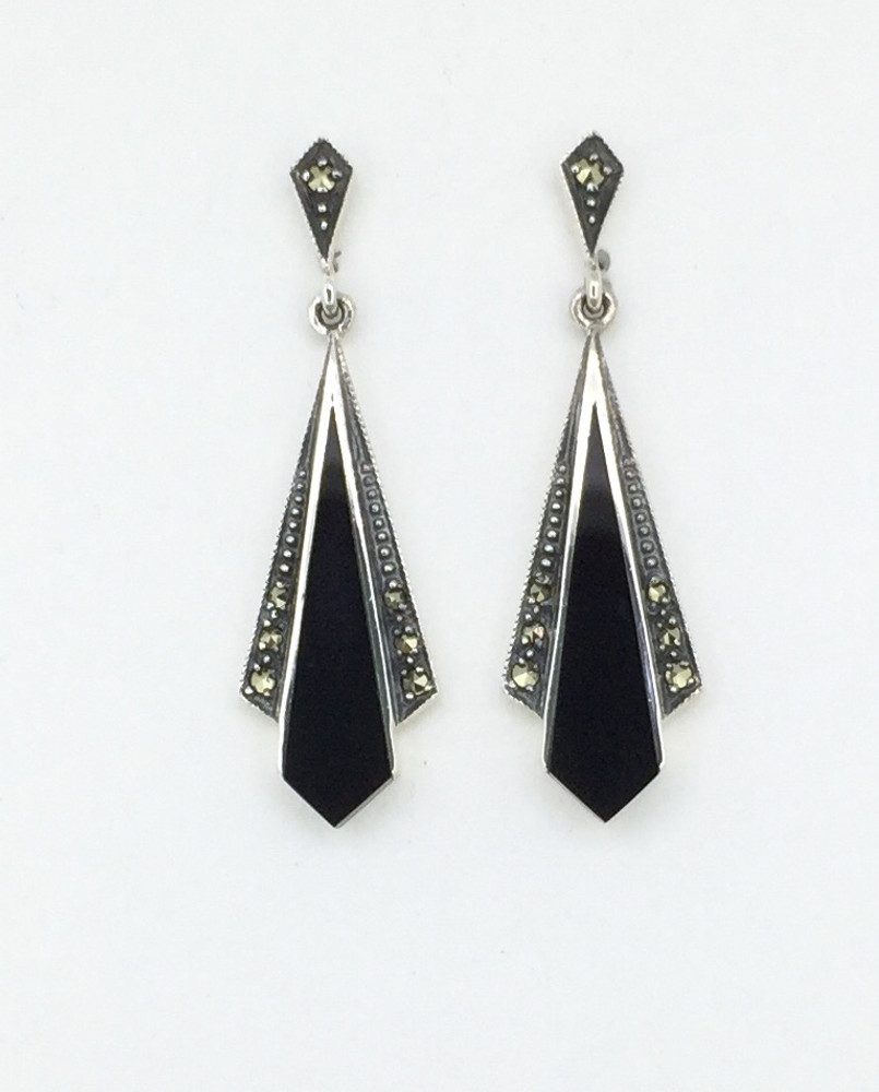 Marcasite w/ Slim Triangle Onyx Post Drop Earrings