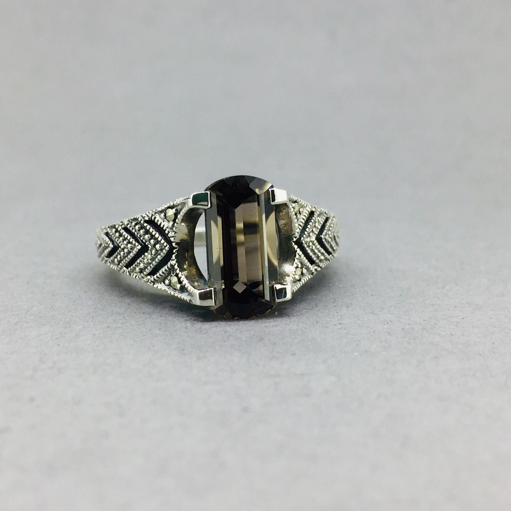 Rectangle Marcasite Smokey Quartz Ring