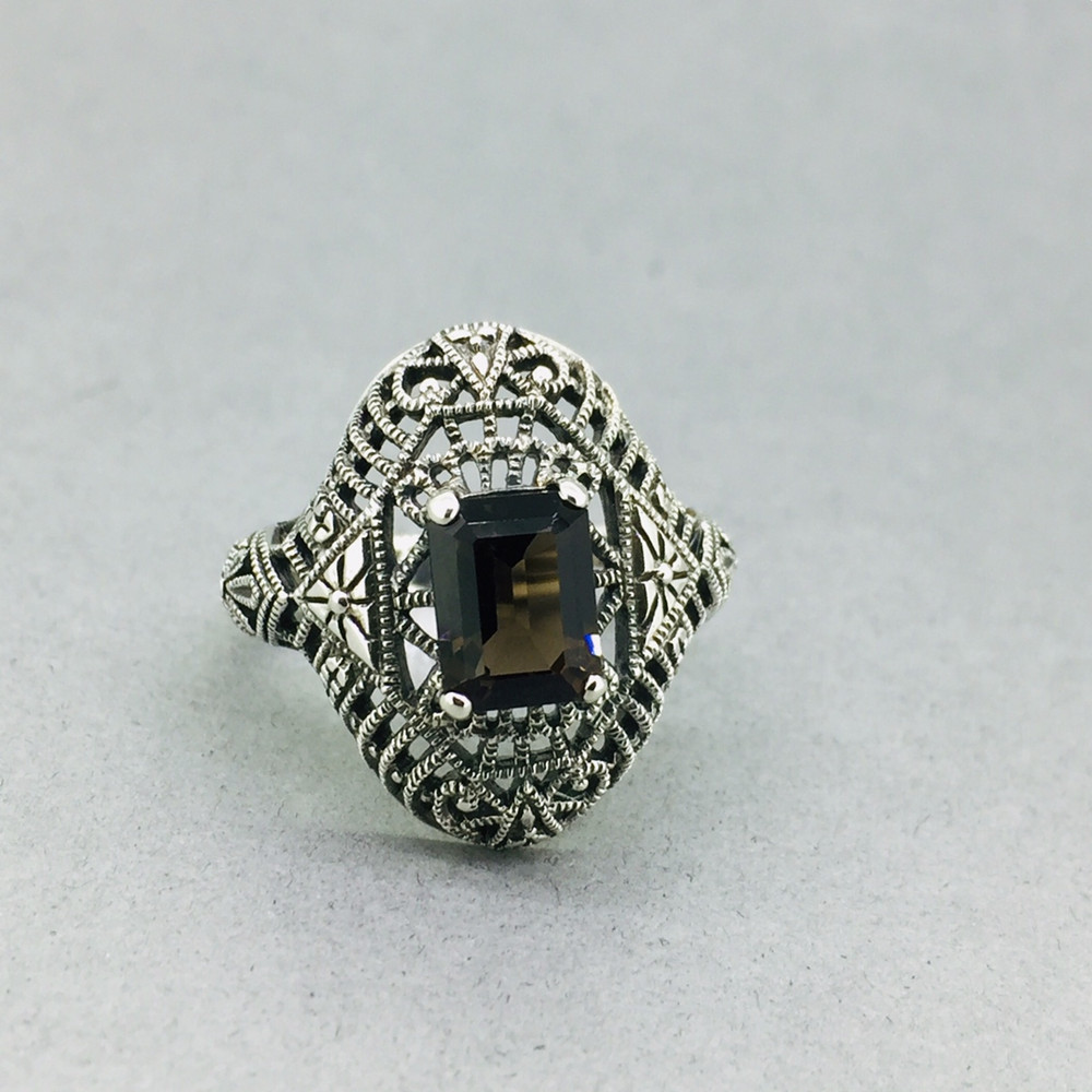 Marcasite w/ Filigree Emerald Cut Smokey Quartz Ring