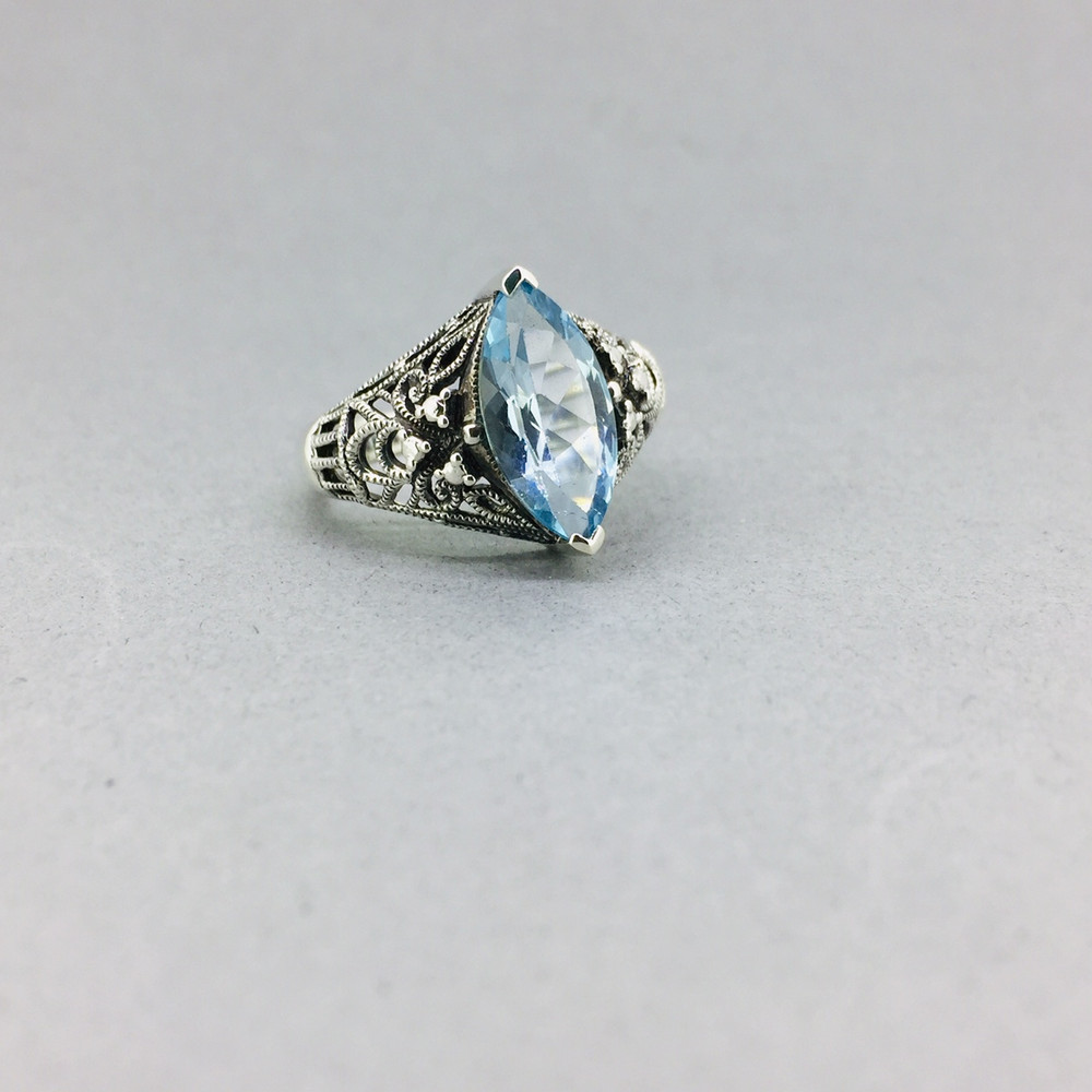 Marcasite w/ Marque Shaped Blue Topaz Ring
