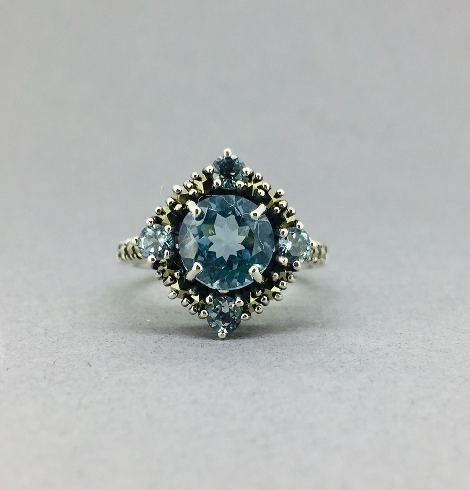 Marcasite w/ LG Round Faceted Blue Topaz Ring