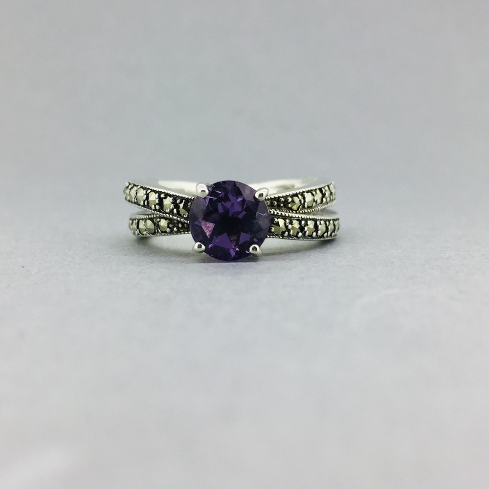 Marcasite w/ Double Crossed Band Amethyst Ring