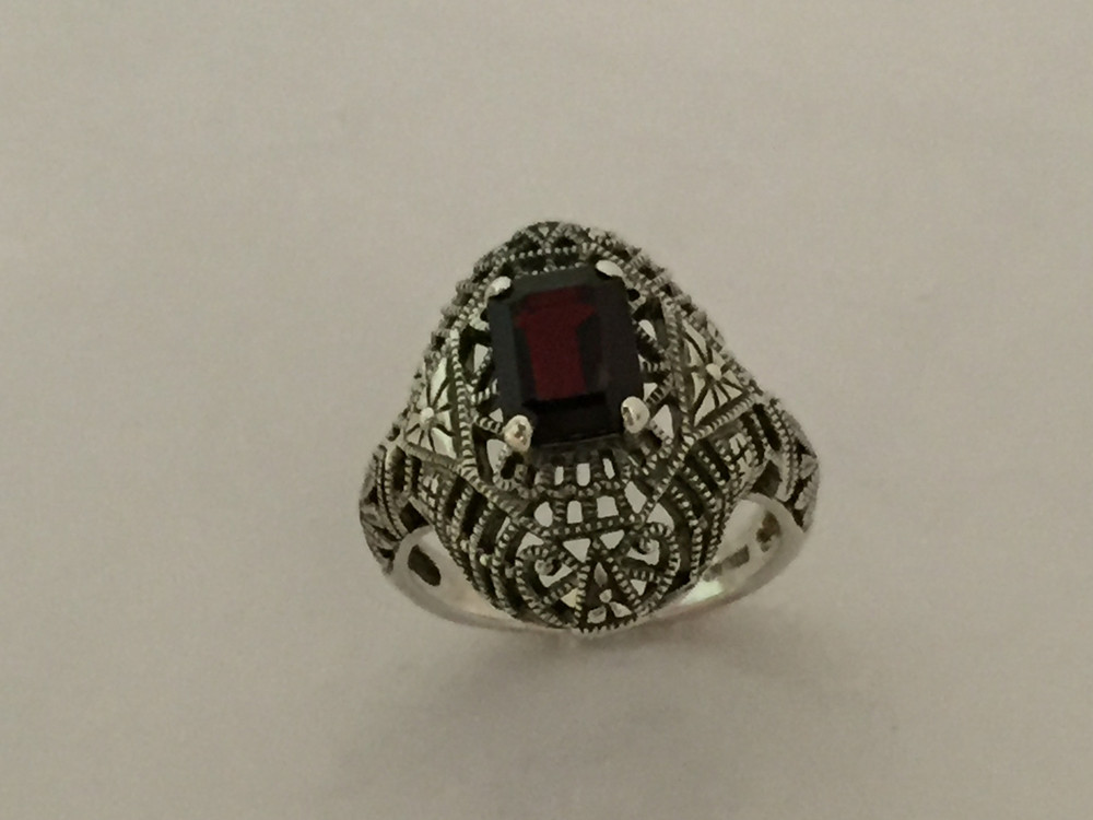 Marcasite w/ Filigree Emerald Cut Garnet Ring