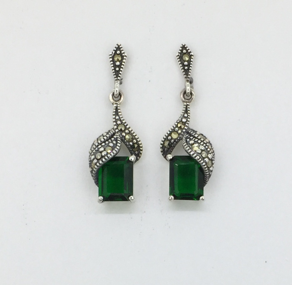 Emerald Cut Emerald/Marcasite Post Earrings
