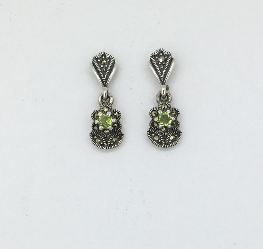 Peridot Marcasite Flower Post Earrings