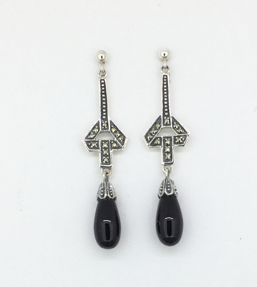 Teardrop Onyx/Marcasite Post Dangle Earrings