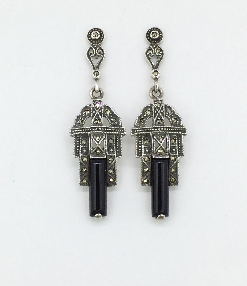 Marcasite/Onyx Post Drop Earrings