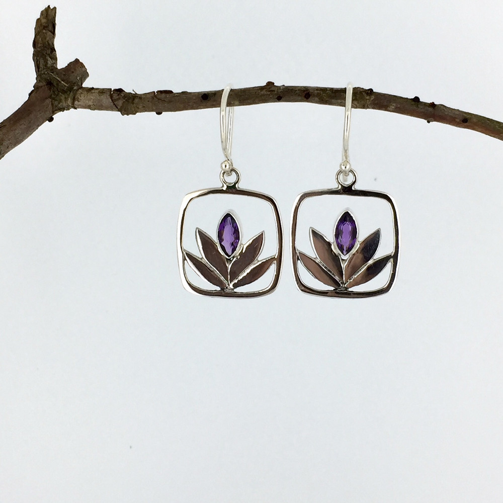 Lotus Flower Sterling Silver Earrings w/Amethyst