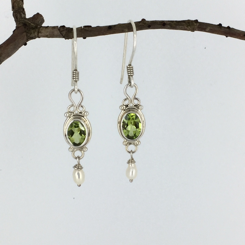 Sterling Silver Peridot Earrings w/Pearl Drop