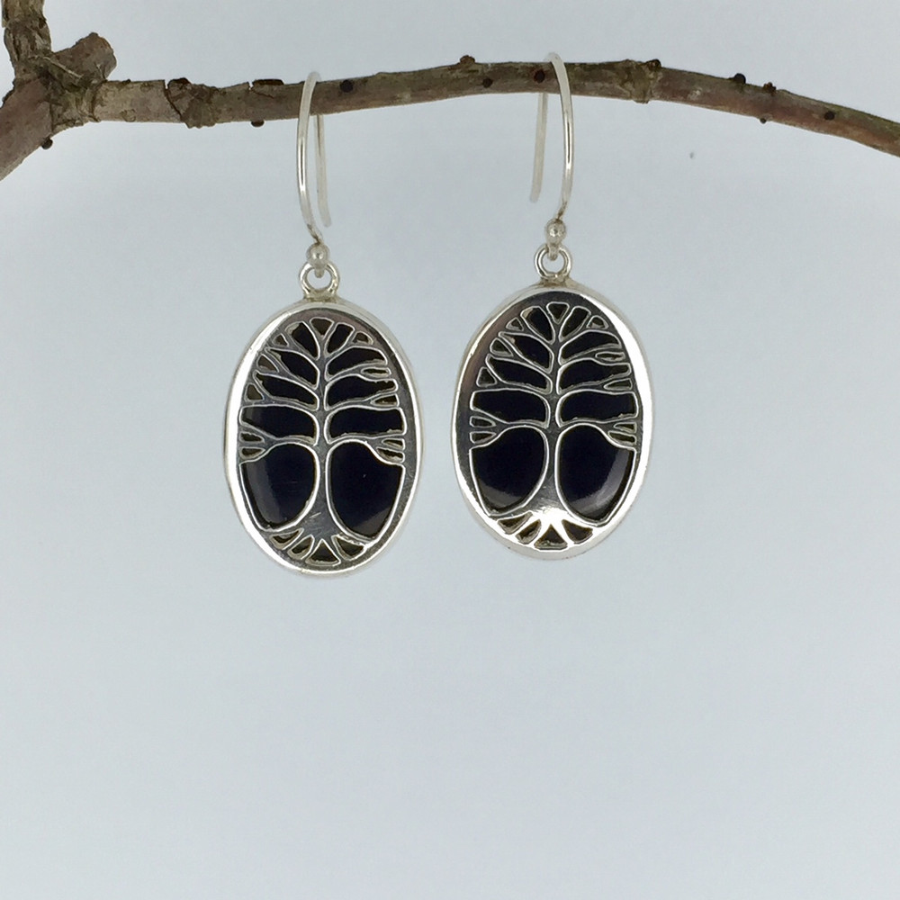 Tree of Life Sterling Silver Earrings in Black Mother of Pearl