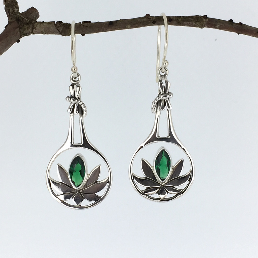 Green Quartz Sterling Silver Lotus Earrings w/Dragonfly