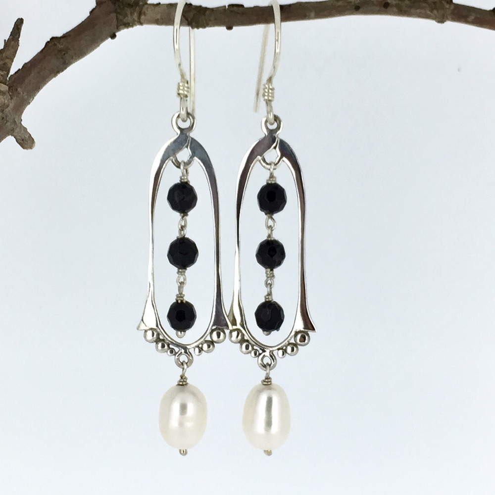 Onyx and Pearl Sterling Silver Drop Earrings