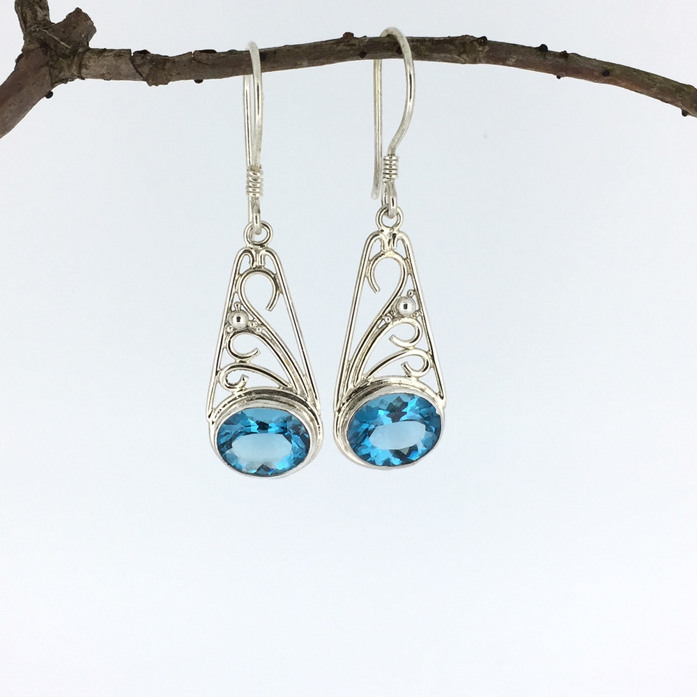 Filigree Swiss Blue Quartz Sterling Silver Earrings