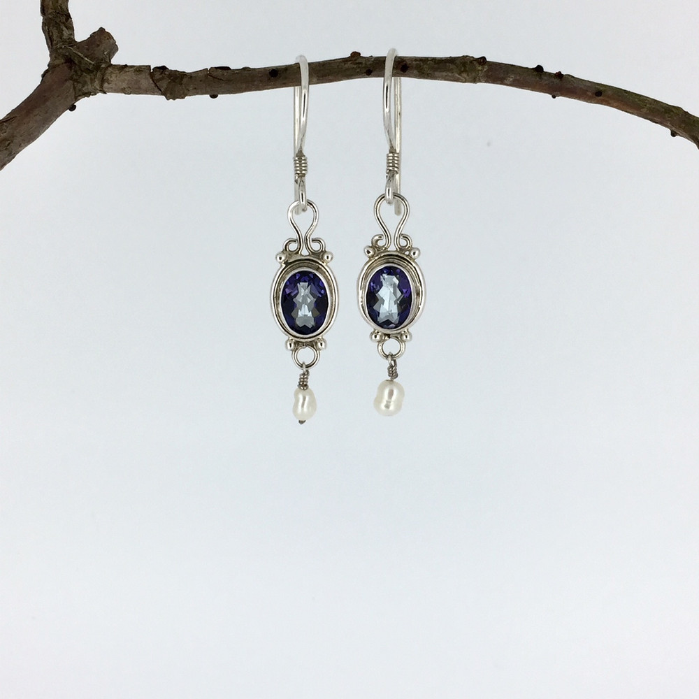 Blue Quartz Sterling Silver Earrings w/Pearl Drop