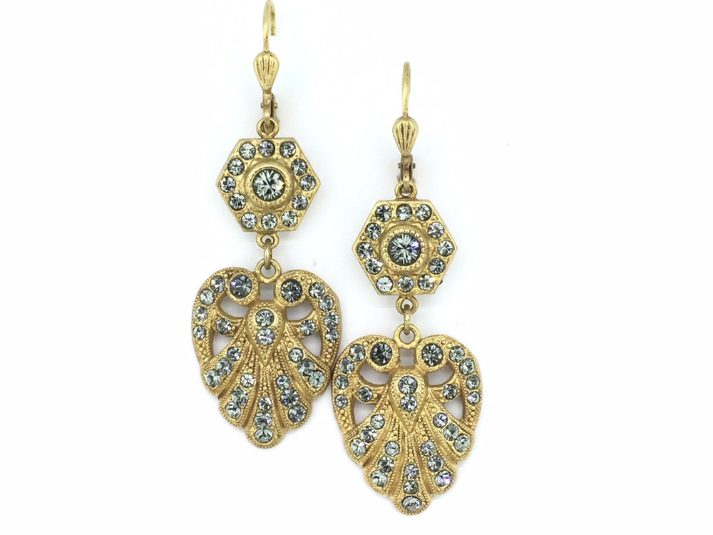 Gold Art Deco Heart Black Diamond Swarovski Crystal Earrings