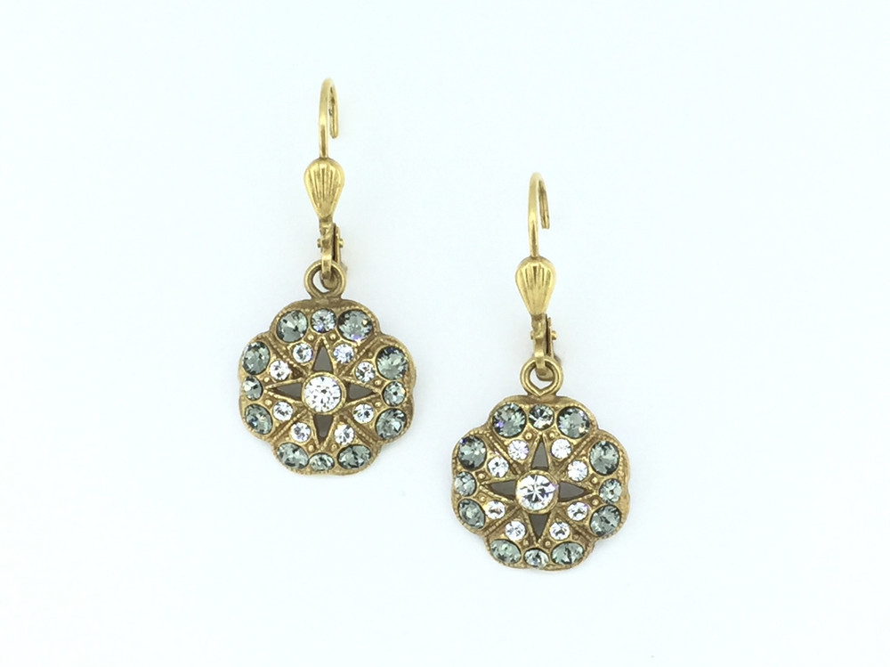 Gold Floral Star Black Diamond Swarovski Crystal Earrings