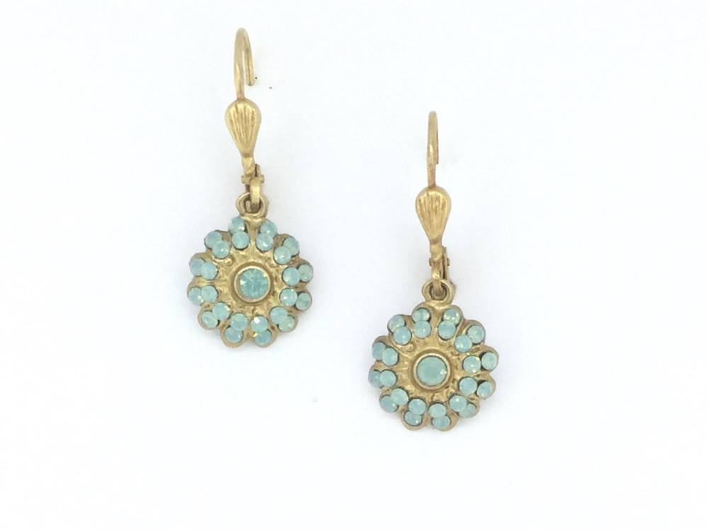 Gold Pacific Blue Swarovski Chrystal Flower  Earrings