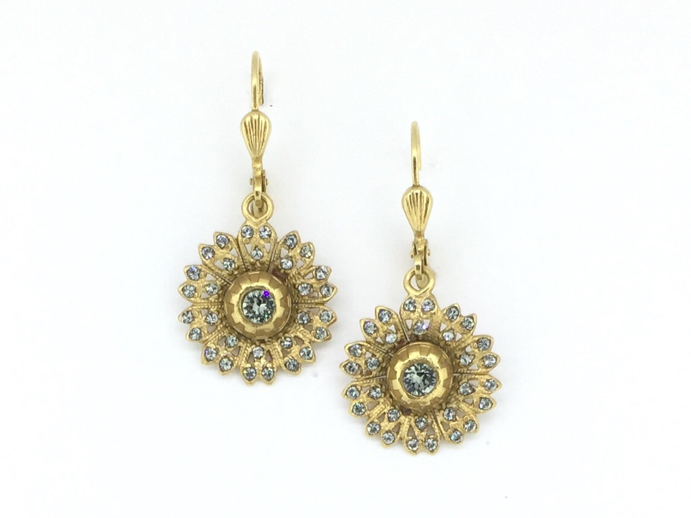 Gold Round Black Diamond Swarovski Crystal Flower Earrings