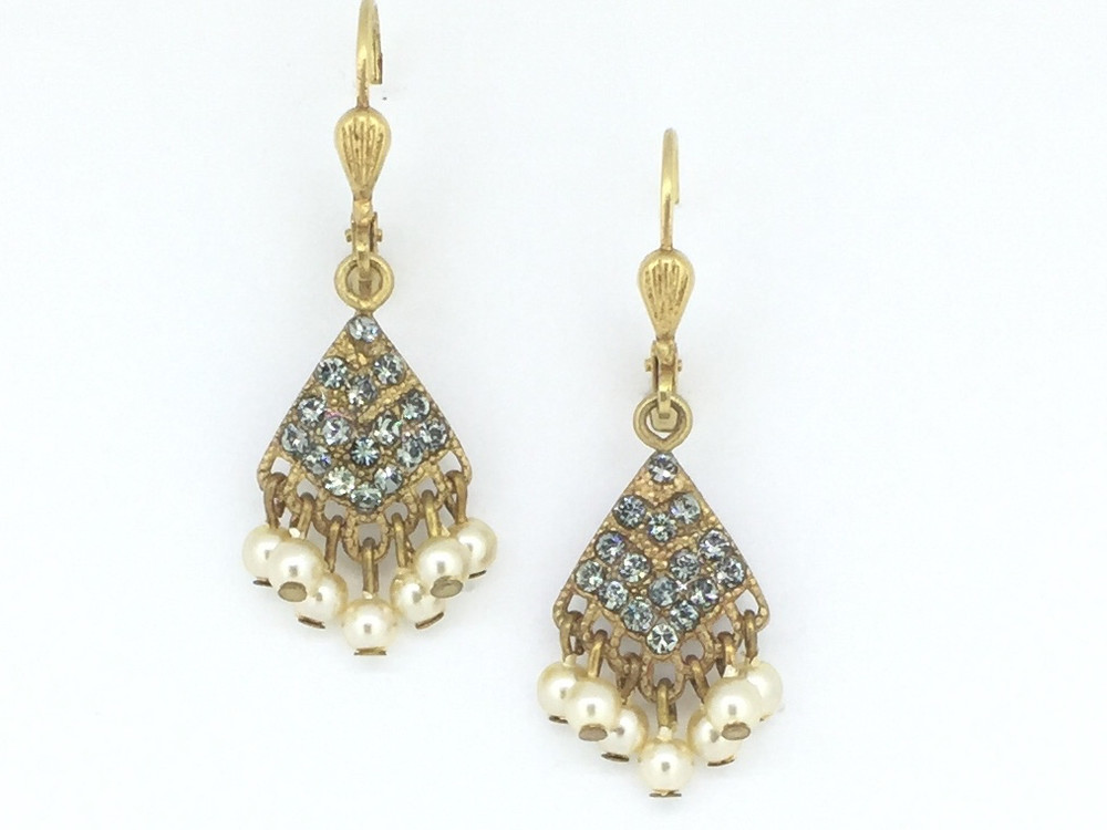 Gold Pearl/Clear Swarovski Crystal Fan Earrings