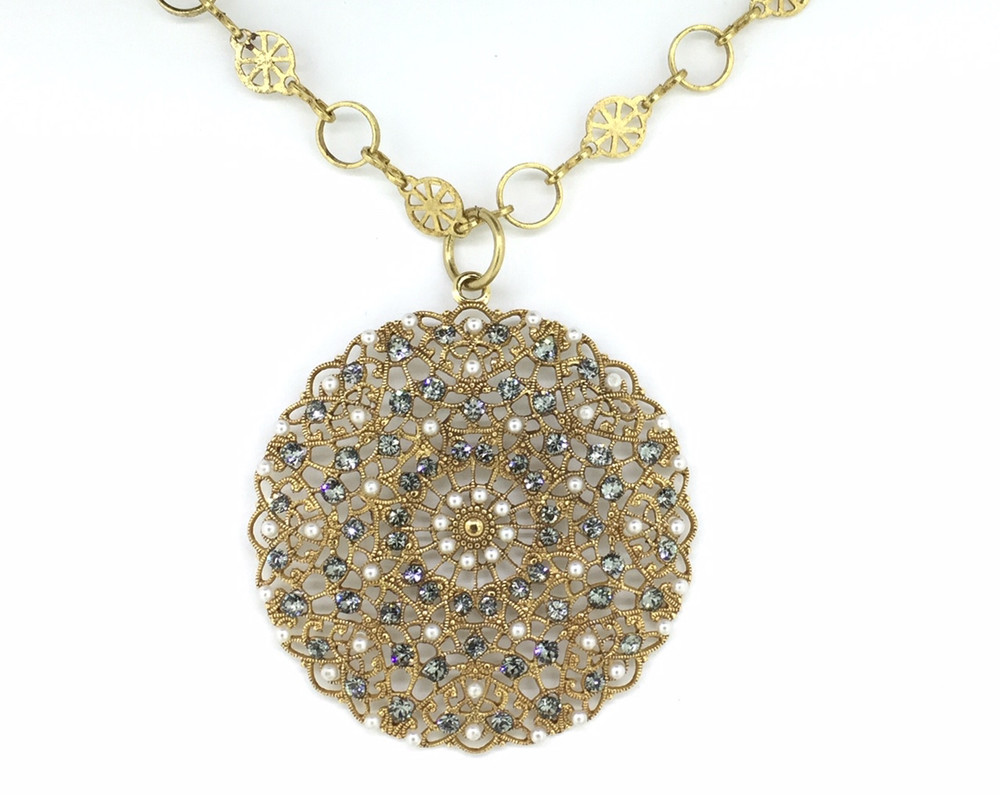 Gold Black Diamond/Pearl Filigree Lace Medallion Necklace