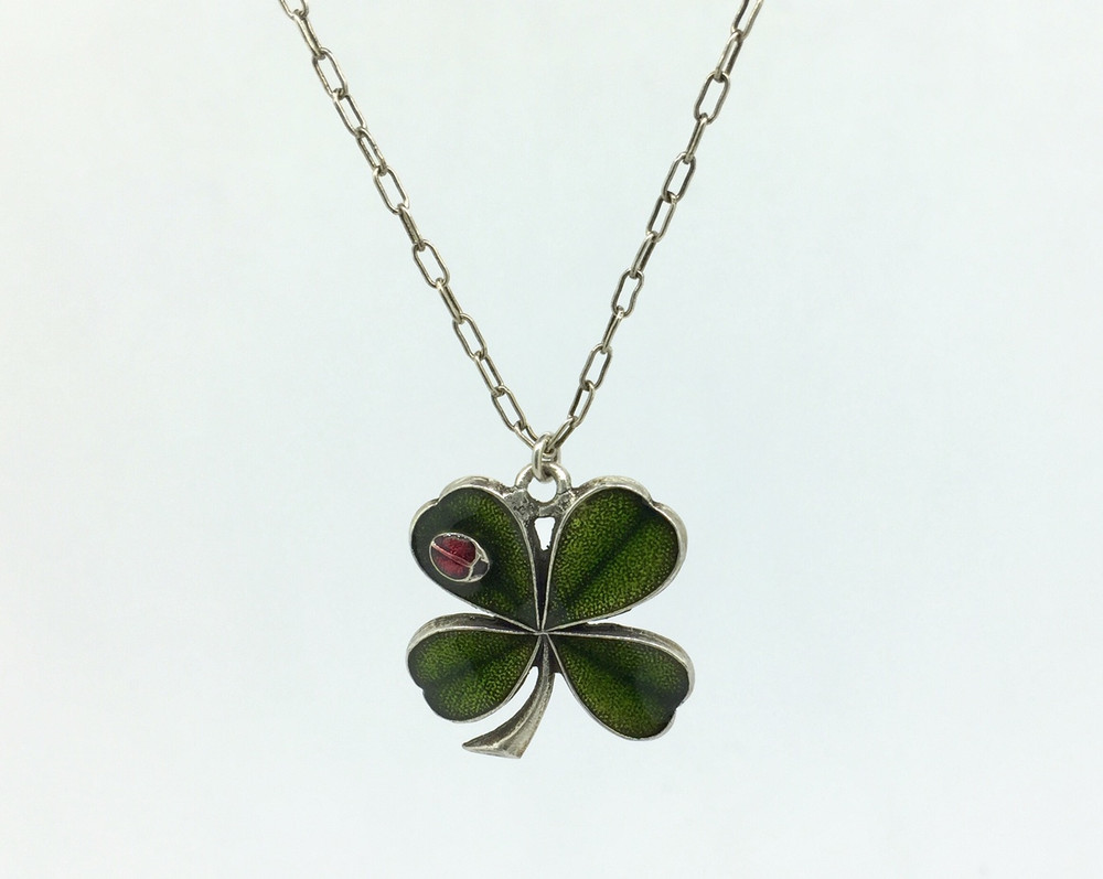 Silver Shamrock Necklace w/Ladybug