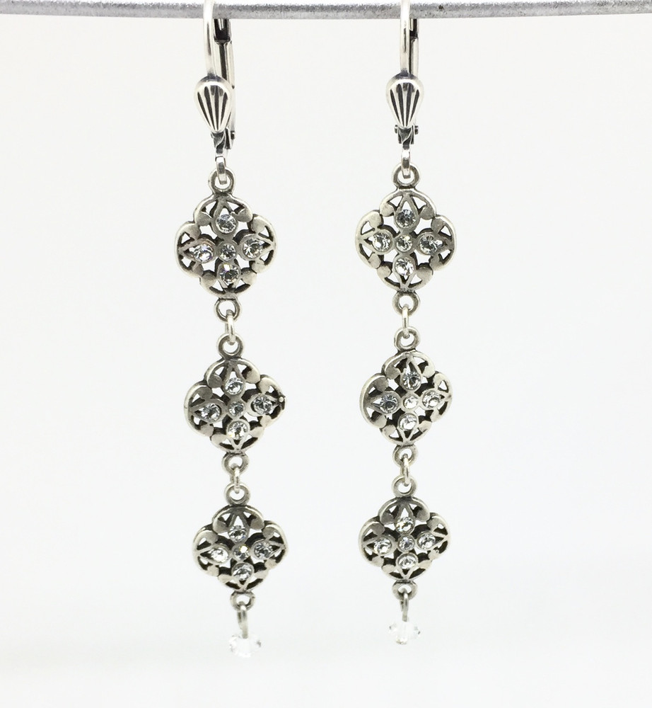 Silver Triple Lotus Earrings w/ Clear Crystal Drop