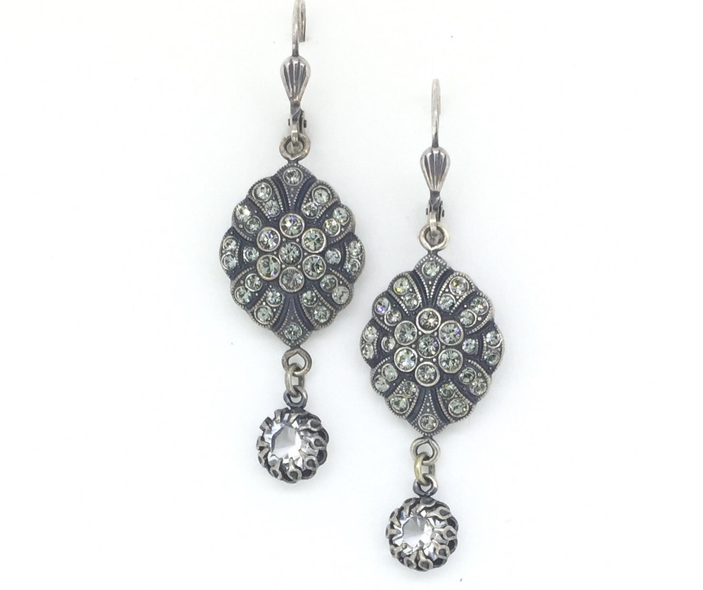 Silver Black Diamond Crystal Earrings w/Drop