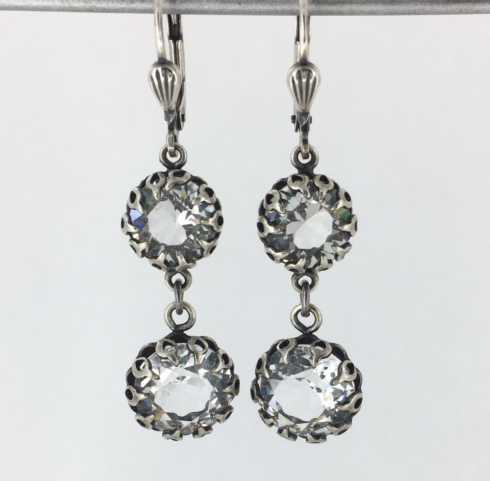 Silver Encased Clear Crystal Double Drop Earrings