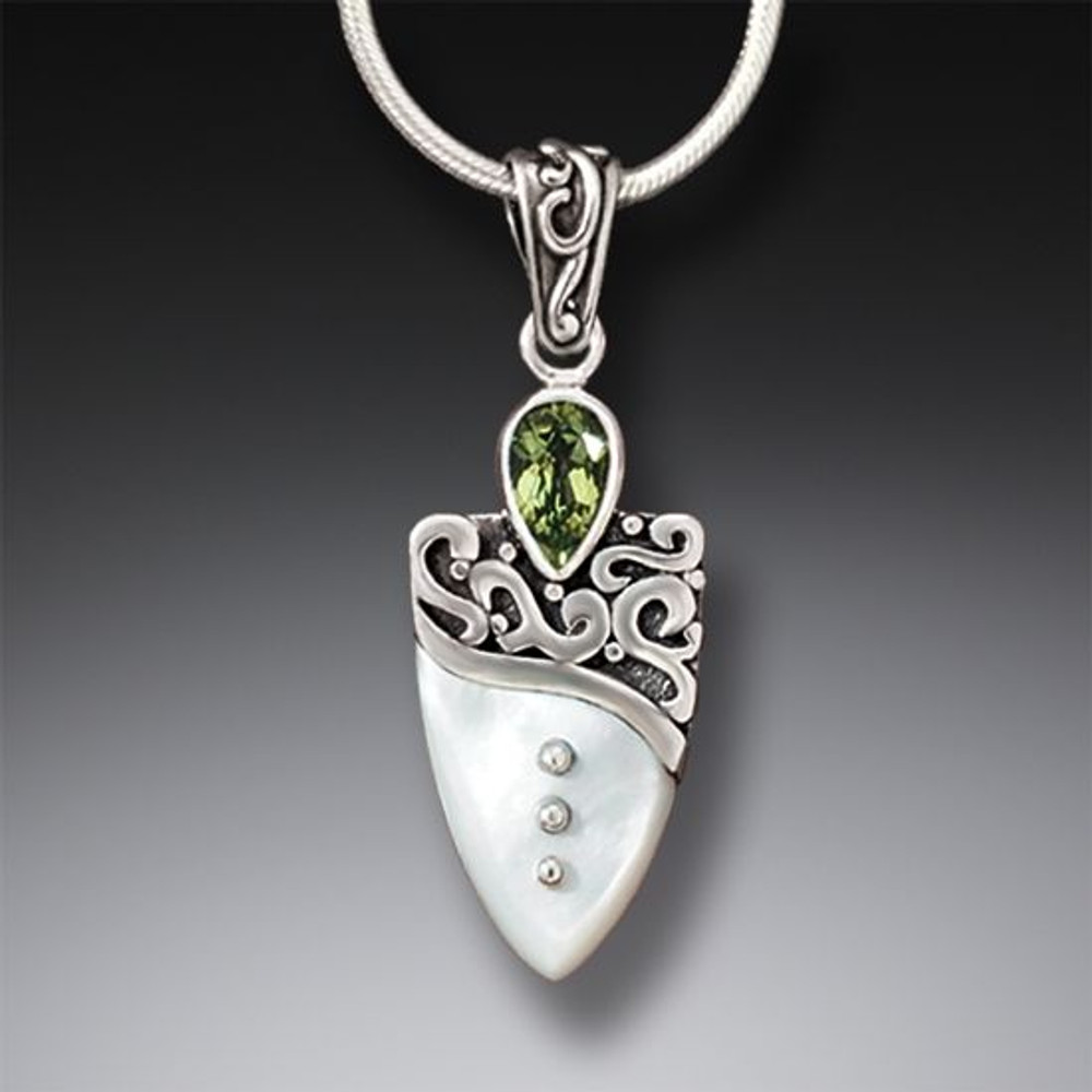 Handmade Mother of Pearl Shield Pendant with Peridot