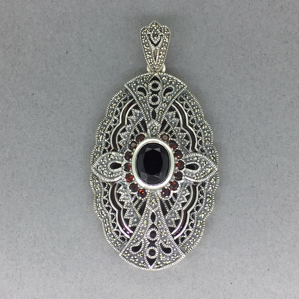 Large Oval Marcasite Garnet and Enamel Pendant