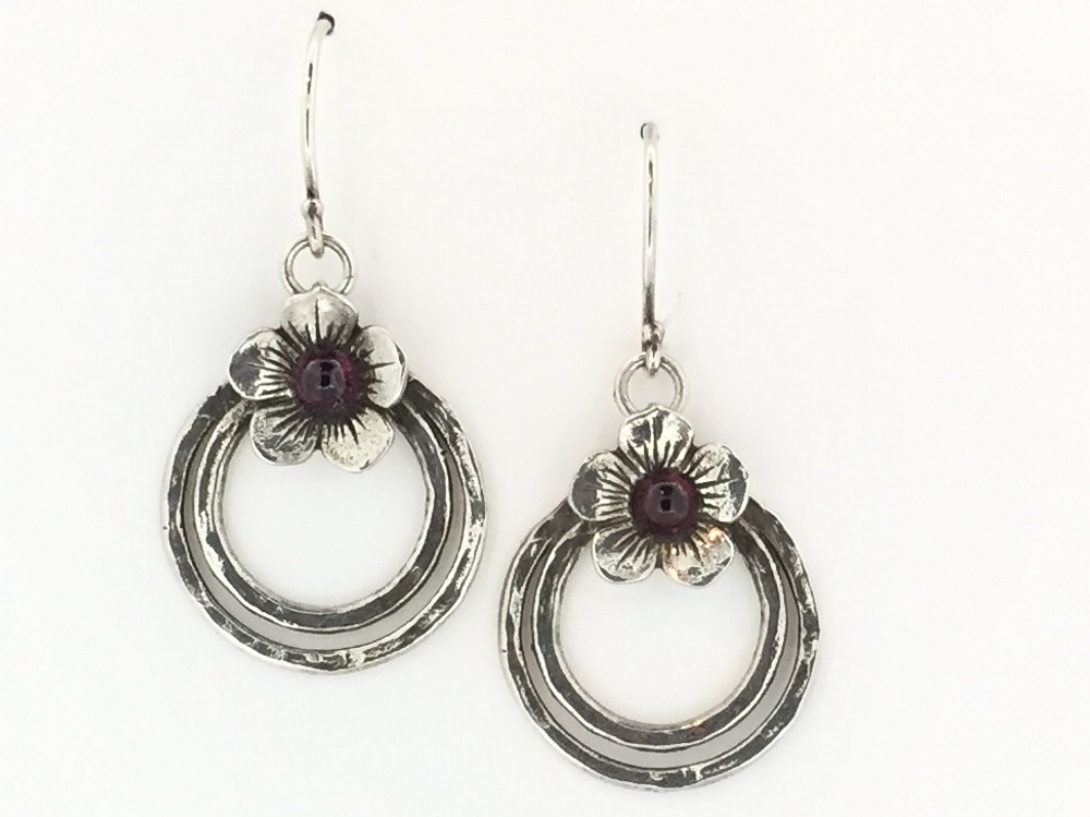 Double Circle w/Garnet  Flower Fish Hood Earrings