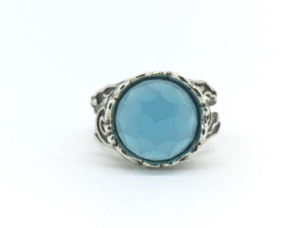 Sterling Silver Large Round Stone Ocean Quartz Ring