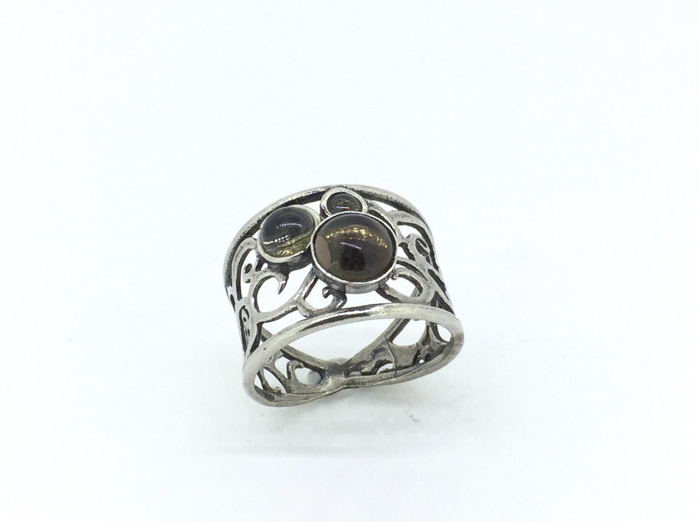 3-Stone Smoky Quartz Sterling Silver Filigree Ring