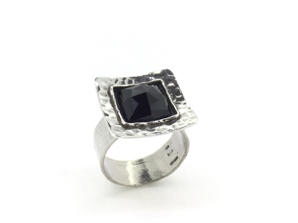 Large Sterling Silver Hammered Square Onyx Ring