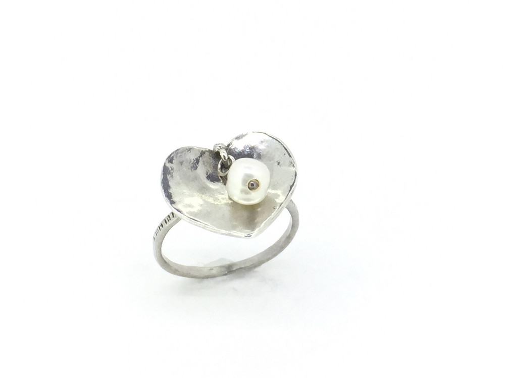 Sterling Silver Heart w/Pearl Drop Ring