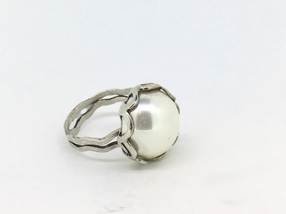 Round Pearl Sterling Silver Double Band Ring