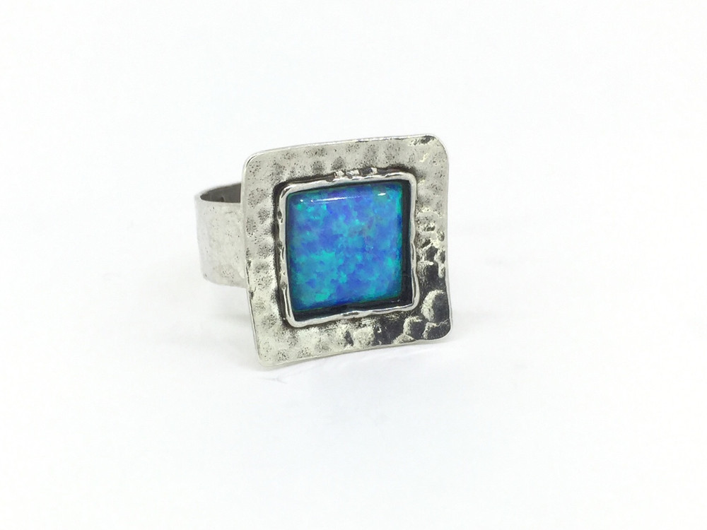 Hammered Sterling Silver Blue Opal Ring