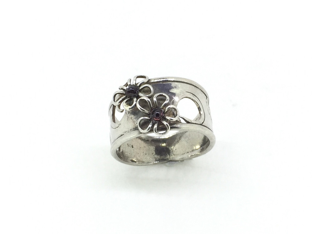 Sterling Silver Double Garnet Flower Open Work Ring