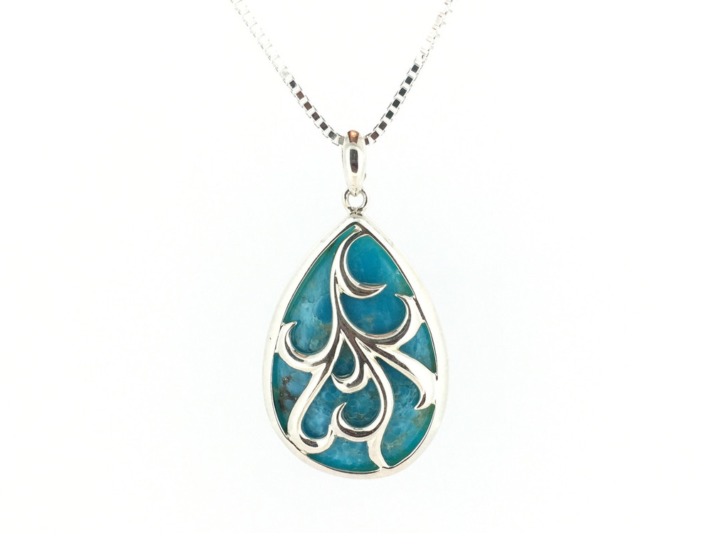 Teardrop Sterling Silver/Turquoise Overlay Pendant w/Chain