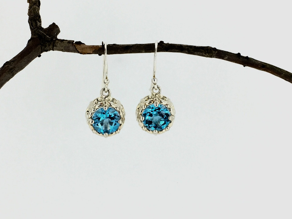 Round Blue Topaz Fish Hook Earrings