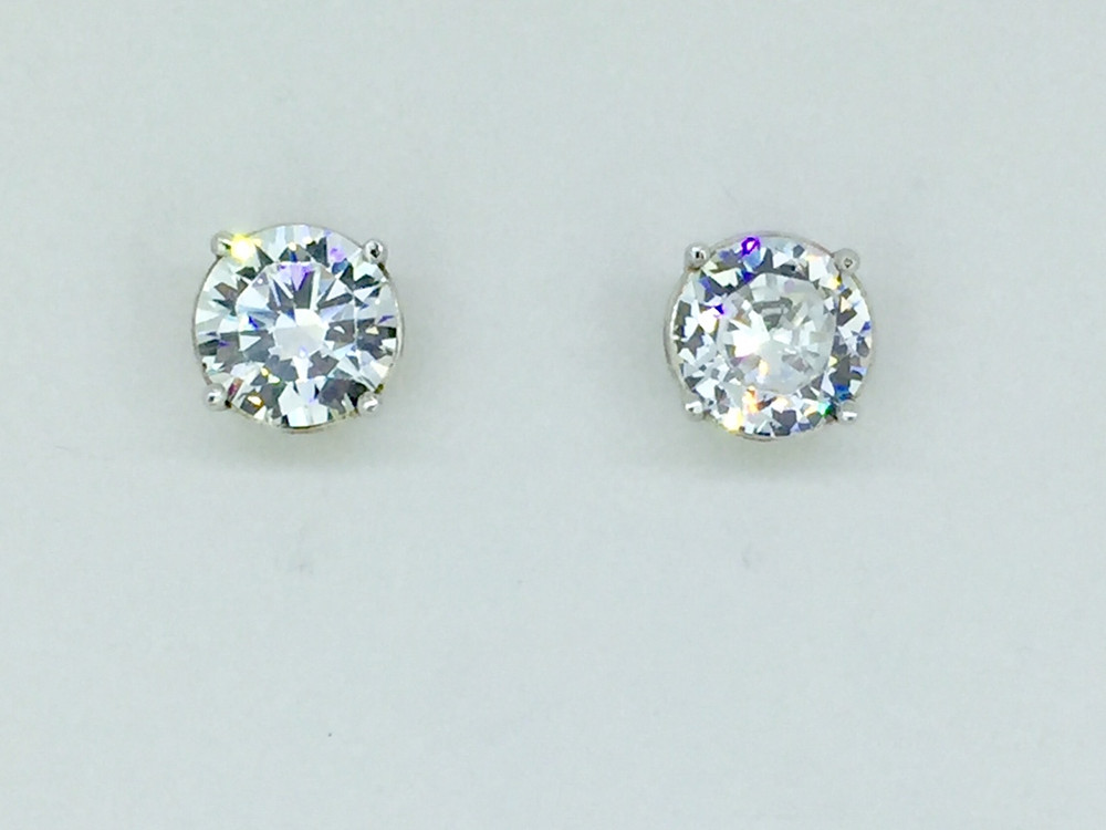 Sterling Silver/CZ Prong Set Stud Earrings (High Setting), 9mm