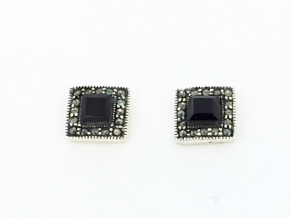 Sterling Silver/Onyx Square Marcasite Post Earrings