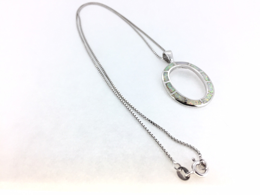 Sterling Silver/White Opal Oval  Inlay Pendant w/Chain